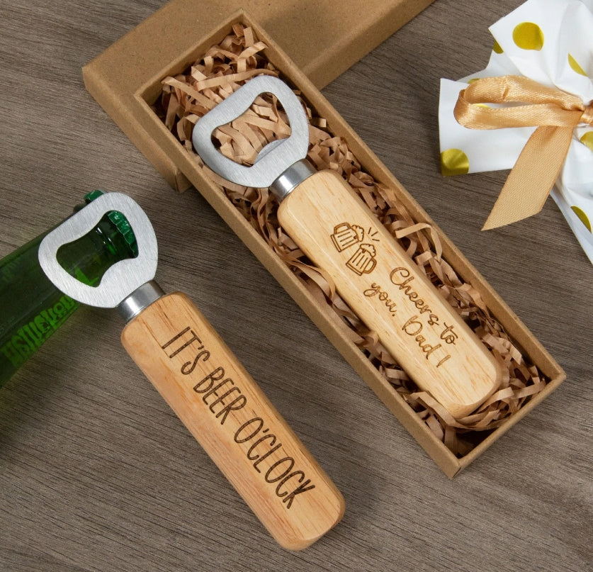 Customized wooden handle bottle opener · Imitation wood handle · Anti-slip texture · Essential for traveling and drinking