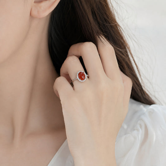 Crimson Oval Halo Ring - bright wearing