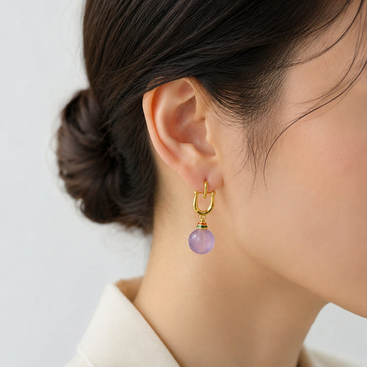 Lavender Orb Huggie Earrings - bright wearing