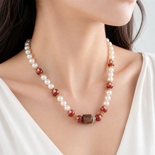 Garnet Earth Pearl Necklace - bright wearing