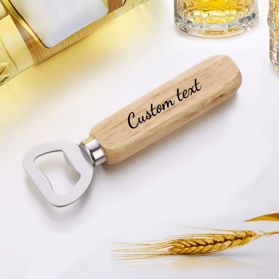 Customized wooden handle bottle opener · Imitation wood handle · Anti-slip texture · Essential for traveling and drinking