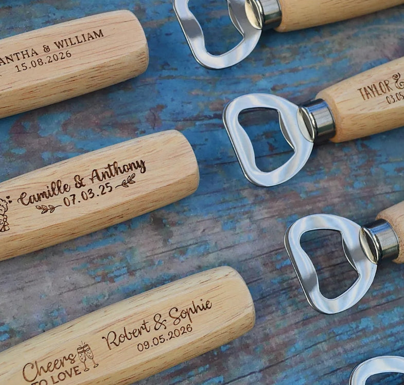 Customized wooden handle bottle opener · Imitation wood handle · Anti-slip texture · Essential for traveling and drinking