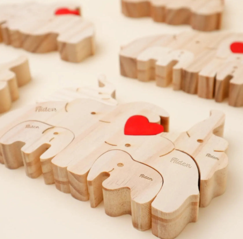 Customized wooden irregular-shaped jigsaw puzzles · Friendly Little Bear/Little Elephant Family · Customizable text · Decorative framed artworks
