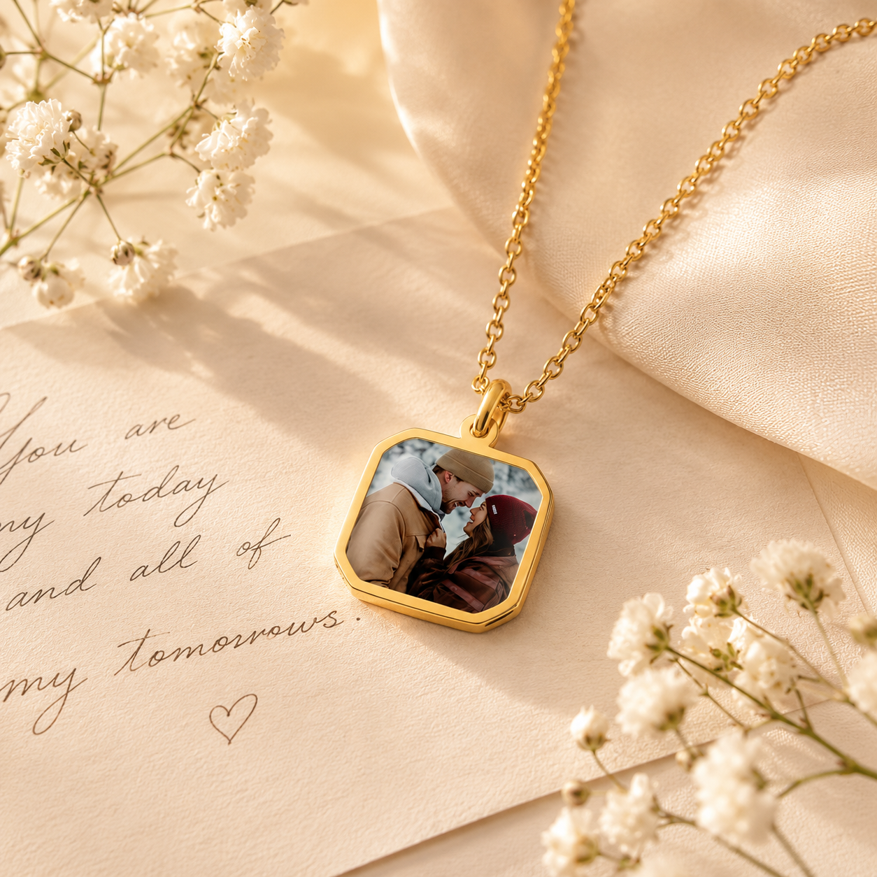 Golden Memories Photo Necklace gift and lifestyle detail