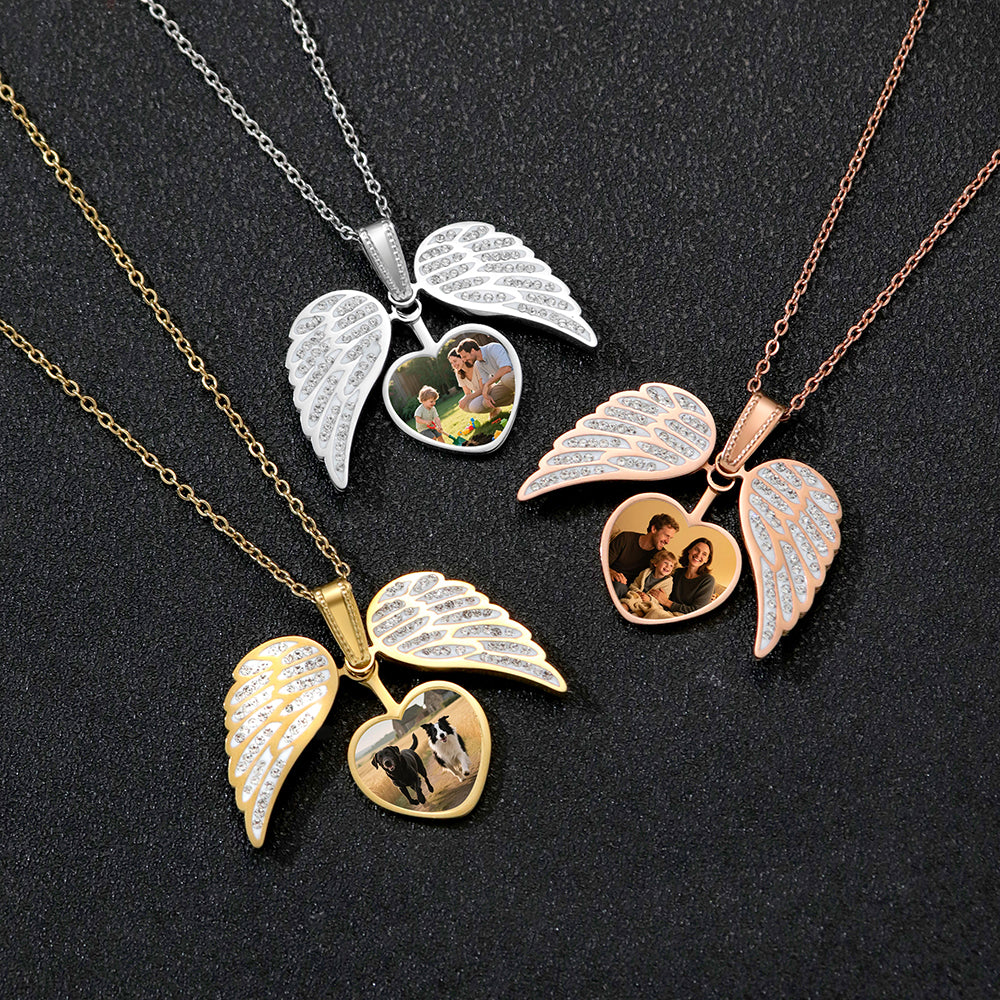 Personalized Angel Wing Photo Locket Necklace detail