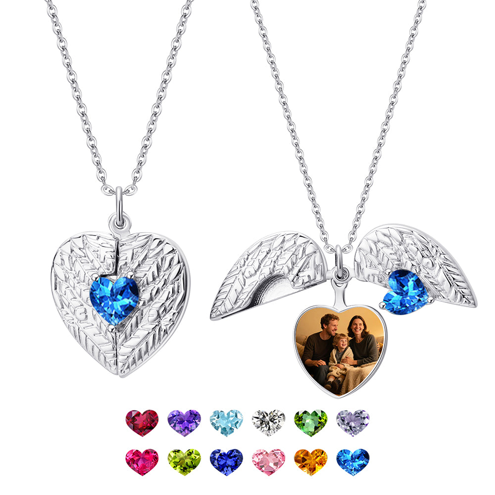 Personalized Birthstone Angel Wing Photo Necklace