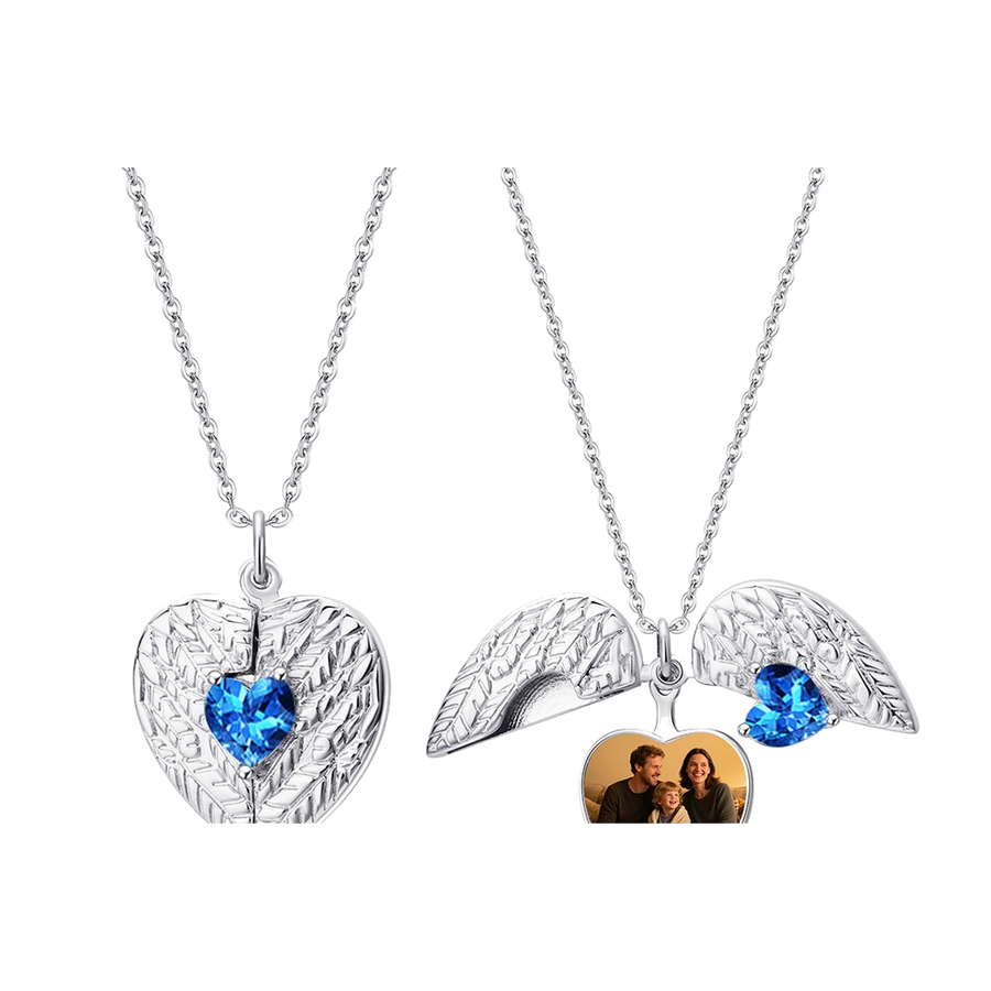 Personalized Birthstone Angel Wing Photo Necklace