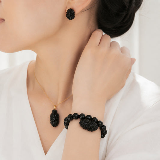 Black Carved Floral Bracelet - bright wearing