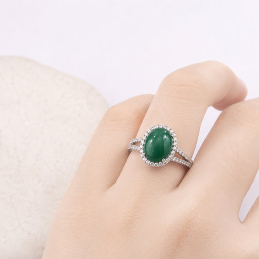 Deep Green Oval Halo Ring