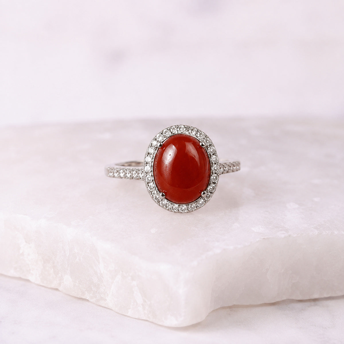Crimson Oval Halo Ring - bright main