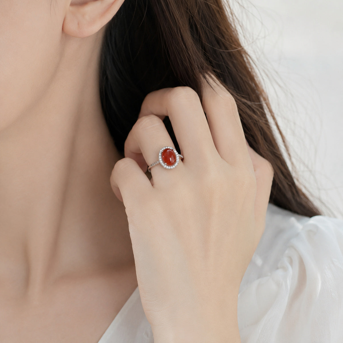 Crimson Oval Halo Ring detail