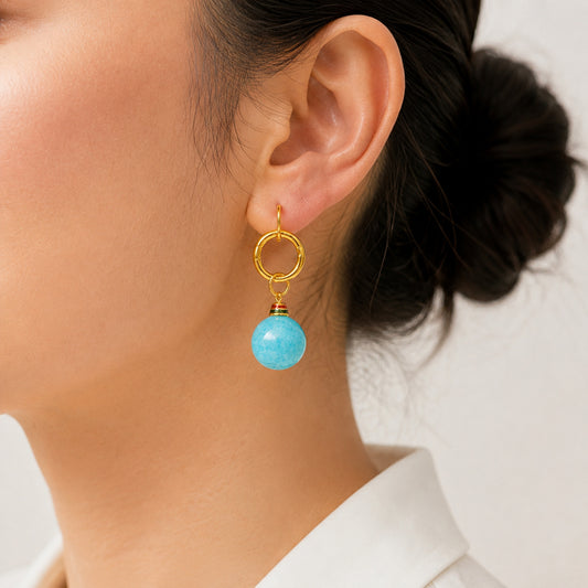 Aqua Orb Hoop Earrings - bright wearing