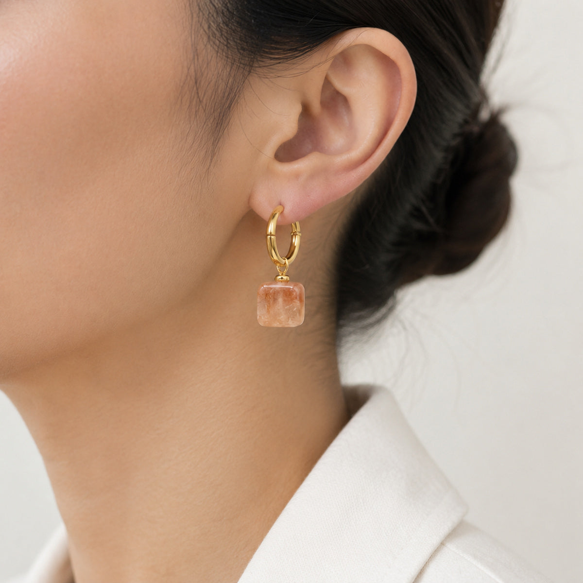 Peach Cube Hoop Earrings detail