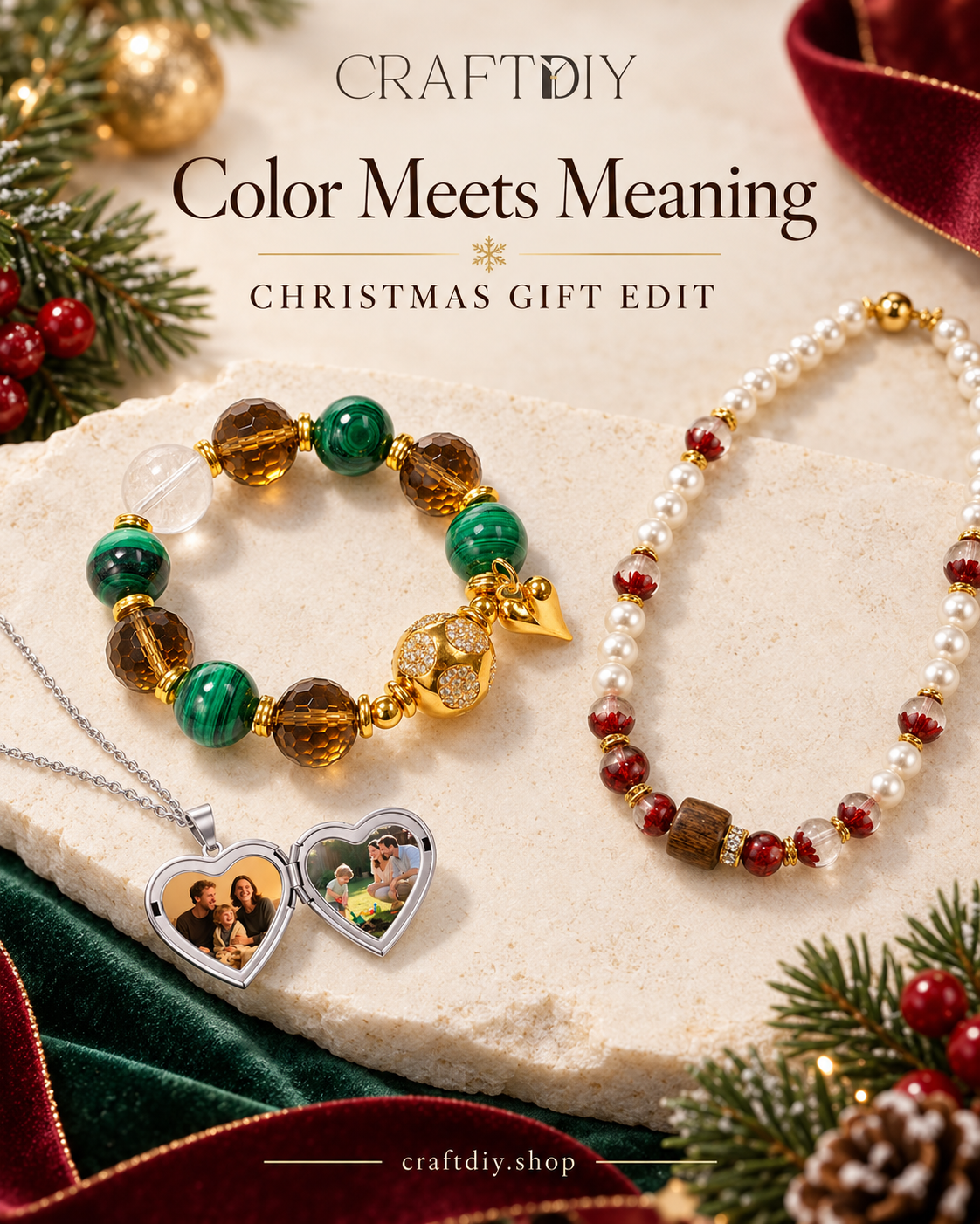 CRAFTDIY — Color Meets Meaning. Christmas Gift Edit: crystal bracelet, pearl necklace and personalized heart photo locket.