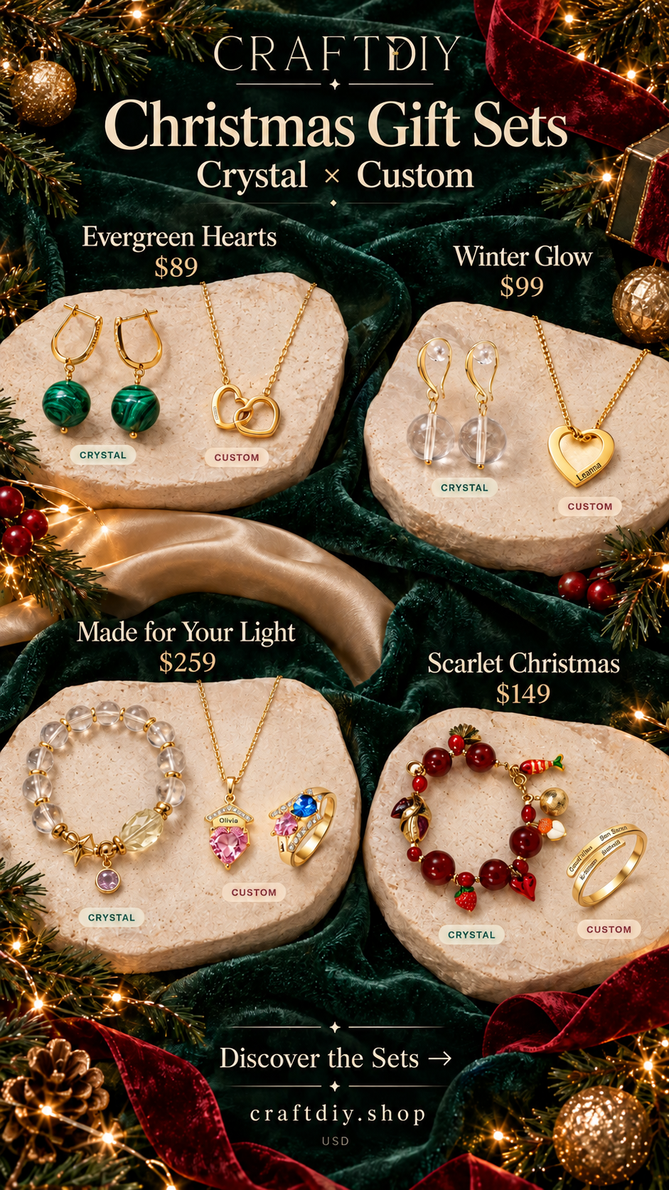Four coordinated crystal and personalised Christmas gift sets