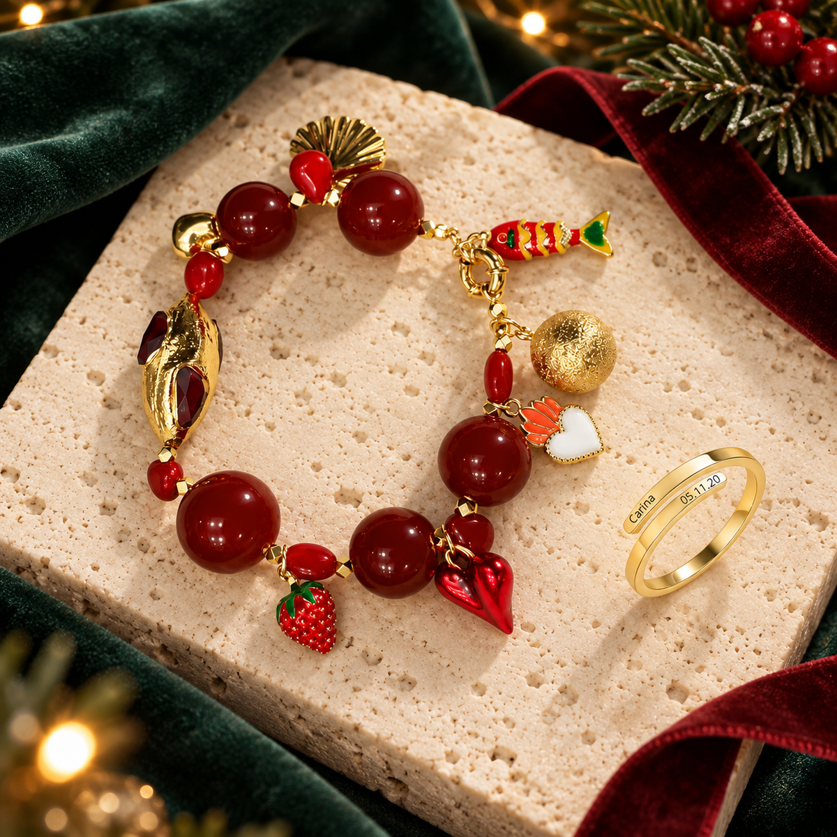 Scarlet Christmas bracelet and engraved ring gift set