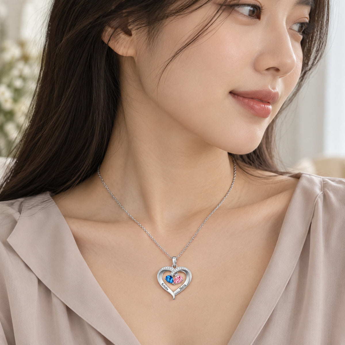 Personalized Heart Birthstone Name Necklace detail
