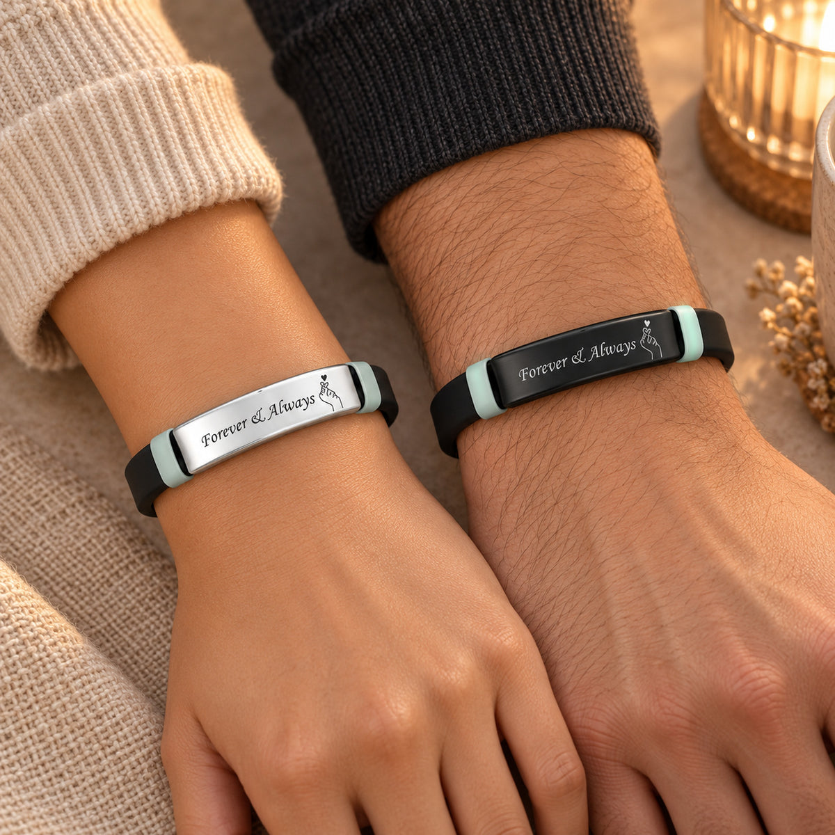 Personalized Glow Tag Silicone Couple Bracelets detail
