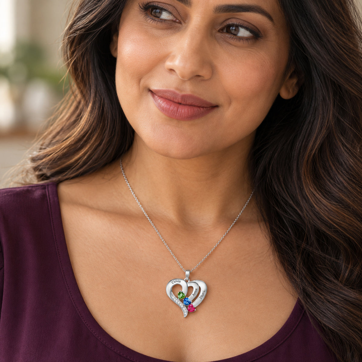 Personalized Double-Heart Birthstone Name Necklace detail