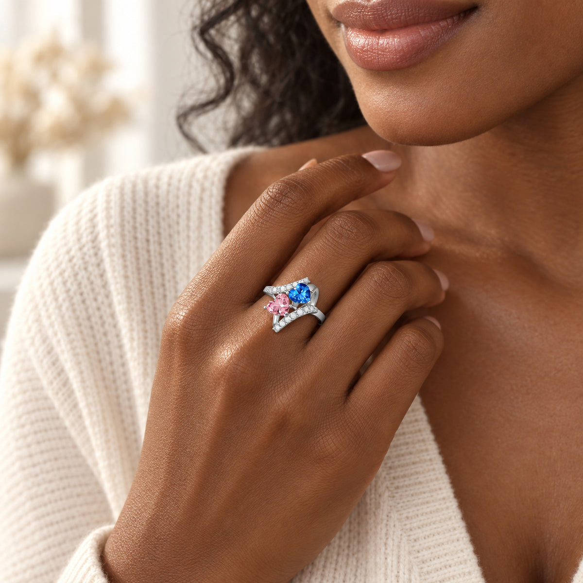 Personalized Double-Birthstone Name Ring detail